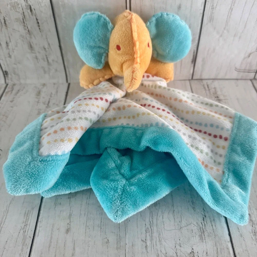 Kids Line Elephant Security Blanket Lovey Turquoise Orange Dotted Stripes Plush